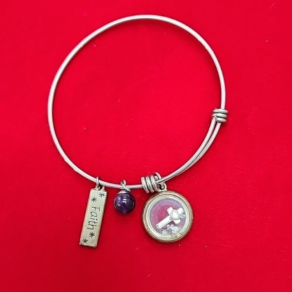 Faith Purple Cross Rhinestone Silver Bangle Bracelet